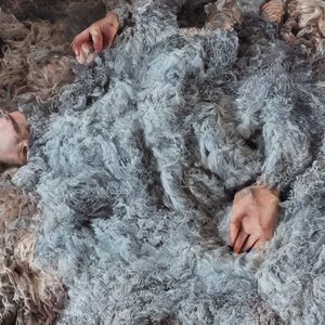 a mass of gray wool, some brown wool, and three random, disarticulated hand segments